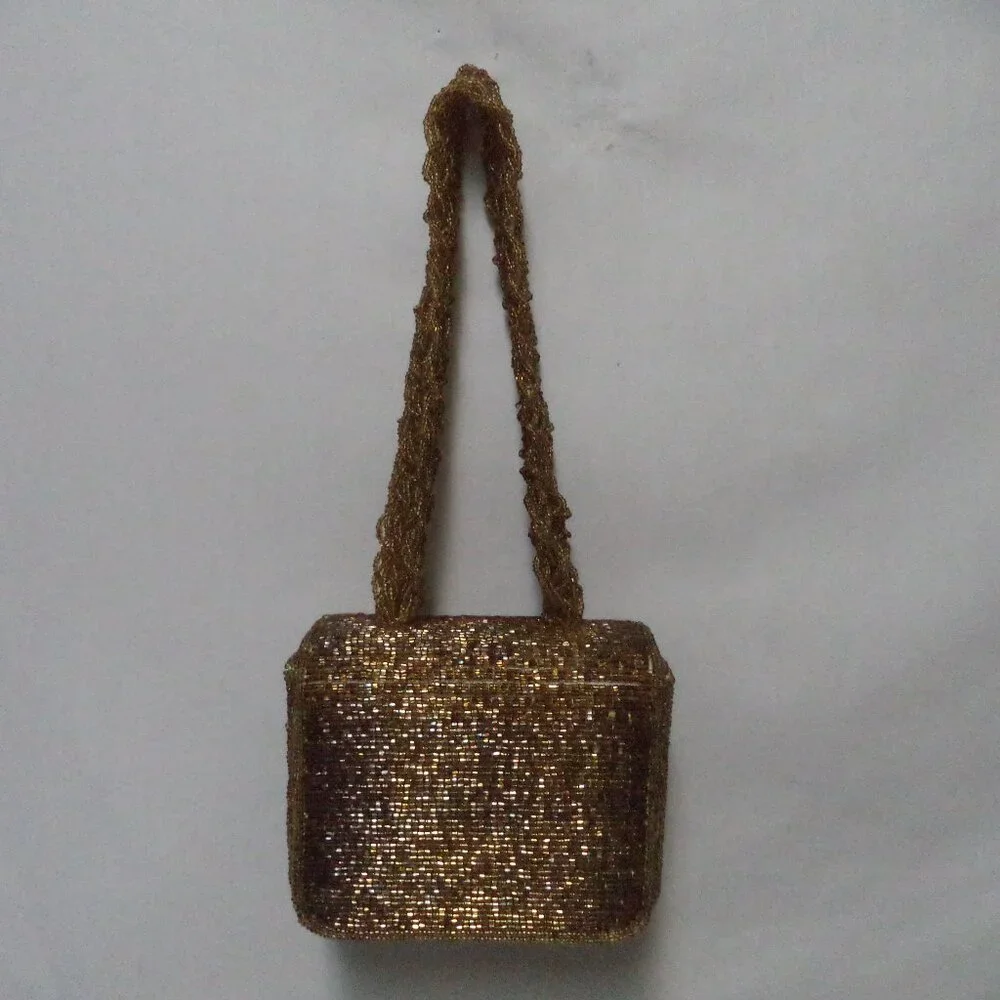 Vintage gold Beaded Box handbag purse small Beaded strap w/ Mirror Occasion